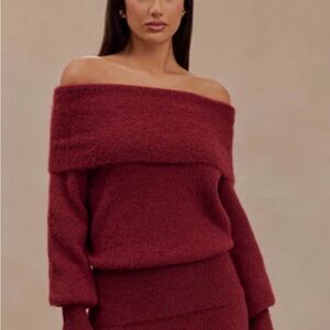 Meshki Off-Shoulder Wine Sweater